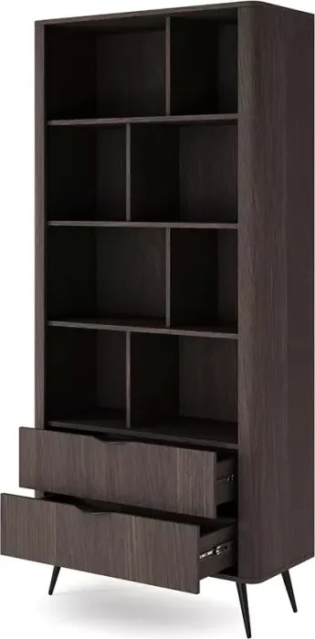 Regał Valeri – elegancki regał z szufladami i otwartymi półkami, nowoczesny design dąb dunin z czarnymi metalowymi akcentami