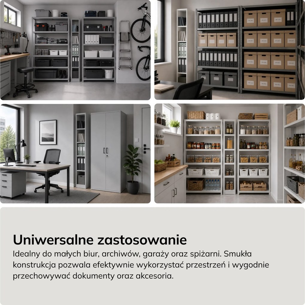 Regał metalowy wąski, archiwizacyjny na dokumenty szary, 250x1950x600 mm: TIM