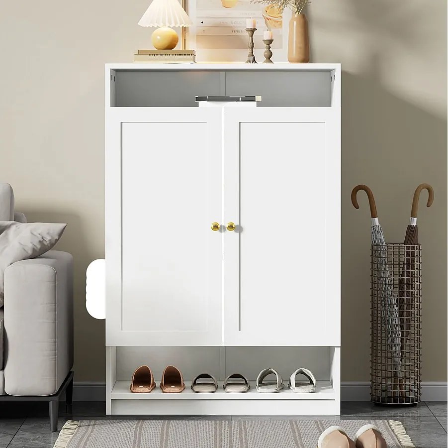Biała szafka na buty z 2 drzwiami i regulowanymi półkami, złotymi uchwytami - idealna do salonów i przedpokojów