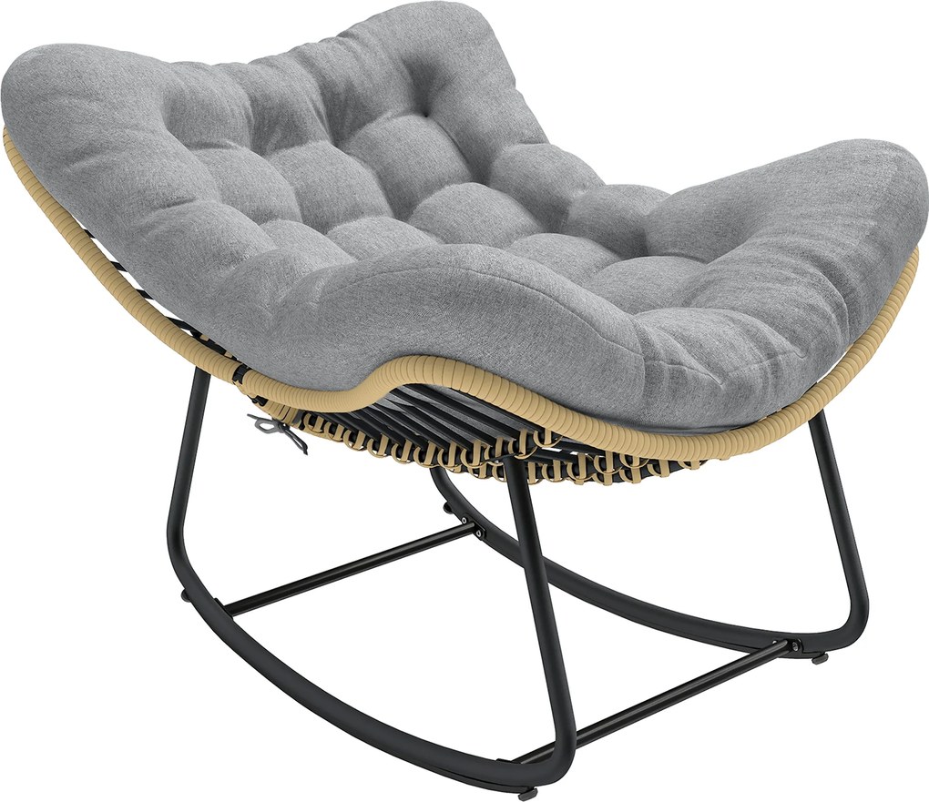 Outsunny Rattanowy Bujany Fotel Ogrodowy z Grubą Poduszką, Krzesło Ogrodowe do 120 kg Indoor Outdoor 87 x 110 x 70 cm Szary | Aosom PL