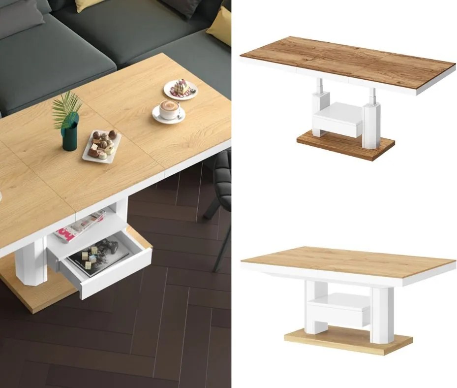 Nowoczesny ławostół z półką i szufladą Quadro Max Hubertus dąb/biały