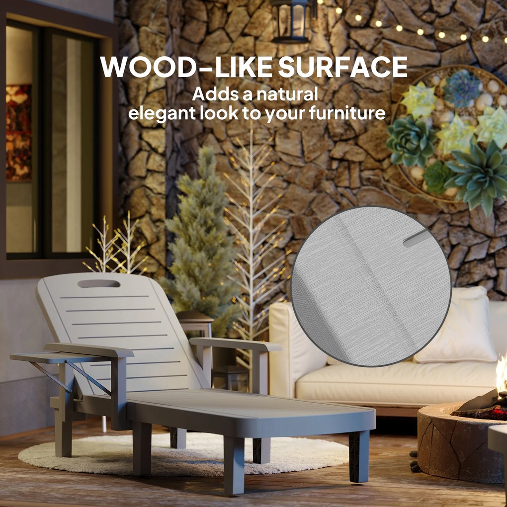 Outsunny Leżak ogrodowy z bocznym stolikiem, wygląd drewna, leżak z 5-stopniową regulacją oparcia, jasnoszary | Aosom PL