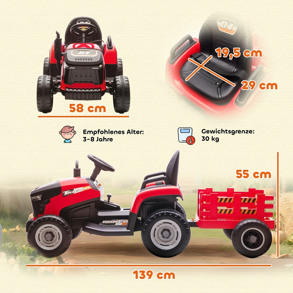 AIYAPLAY Elektryczny traktor dla dzieci, traktor na siedzenie z pilotem, miękki start, dla dzieci w wieku 3-8 lat, Czerwony | Aosom PL