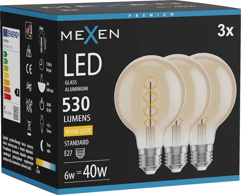 Mexen Vintis 3x żarówka filament spirala LED E27, G80, 6W, Ciepła - 2700K, 530 lm, amber - L165-E27-0627-50x03