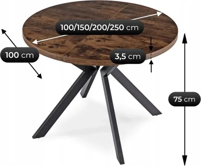 Stół Okrągły Rozkładany LUKAS 100-250 cm Dąb Rustykalny Nowoczesny Loft