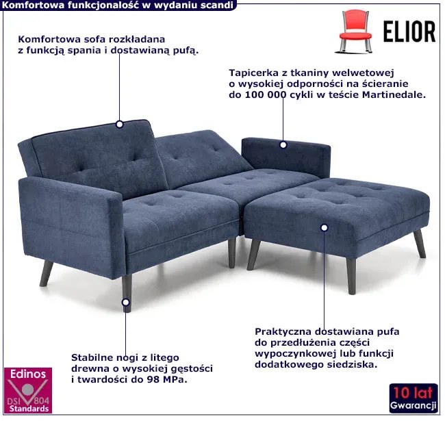 Granatowa sofa narożna z funkcją spania - Leris