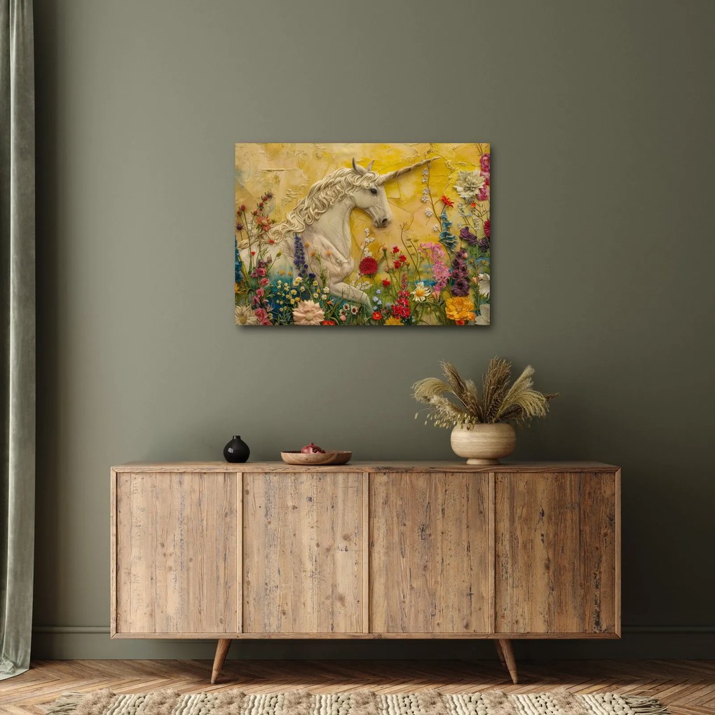 Obraz - Jednorożec z kwiatami (70x50 cm)