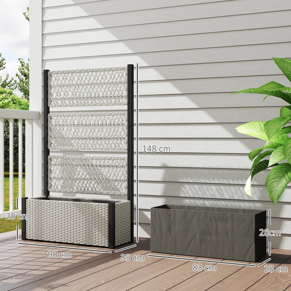 Outsunny Wysoki rabat z kratką w stylu rattanowym, skrzynia na rośliny z podporą 90 x 35 x 148cm Szary | Aosom PL
