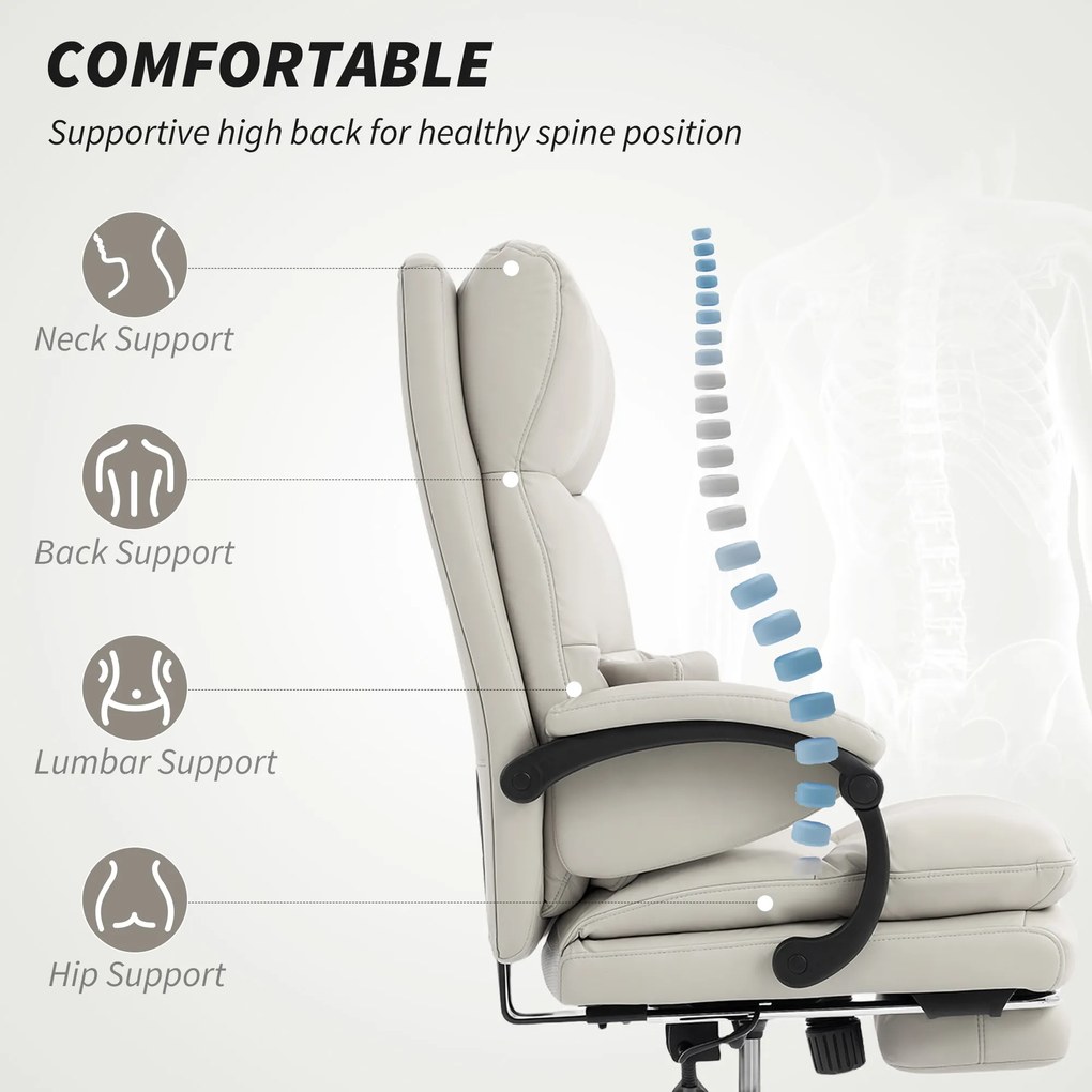 HOMCOM Fotel biurowy regulowany wysokościowo krzesło do biurka z podparciem lędźwiowym, podłokietnikami, podpórką na stopy, z ekoskóry, jasnoszary