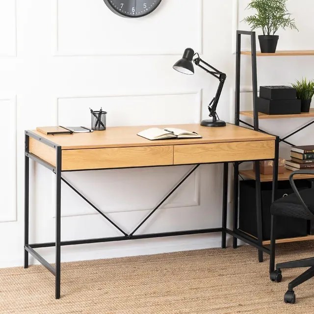 Metalowe biurko loft z szufladami dąb złoty + czarny R9-L48