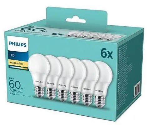 ZESTAW 6x LED Żarówka Philips A60 E27/8W/230V 2700K
