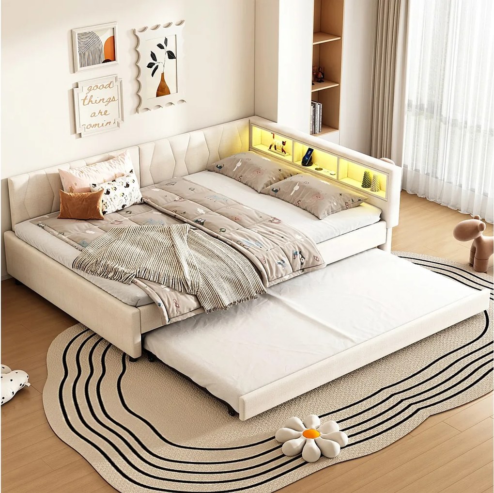 Łóżko wysuwane 140x200 cm, beżowa tkanina lniana, leżanka z portami USB i oświetleniem LED, bez materaca