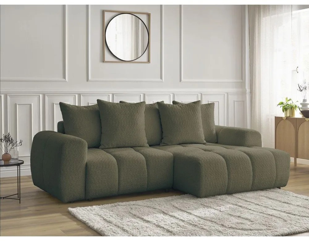 Rozkładany narożnik z materiału bouclé ze schowkiem (prawostronny/z szezlongiem) w kolorze khaki Roxelane – Bobochic Paris