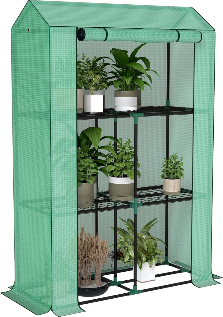Outsunny Szklarnia z 3-poziomową półką, osłona z tworzywa sztucznego odpornego na UV, rolowane drzwi, 100 x 40 x 150 cm, zielona
