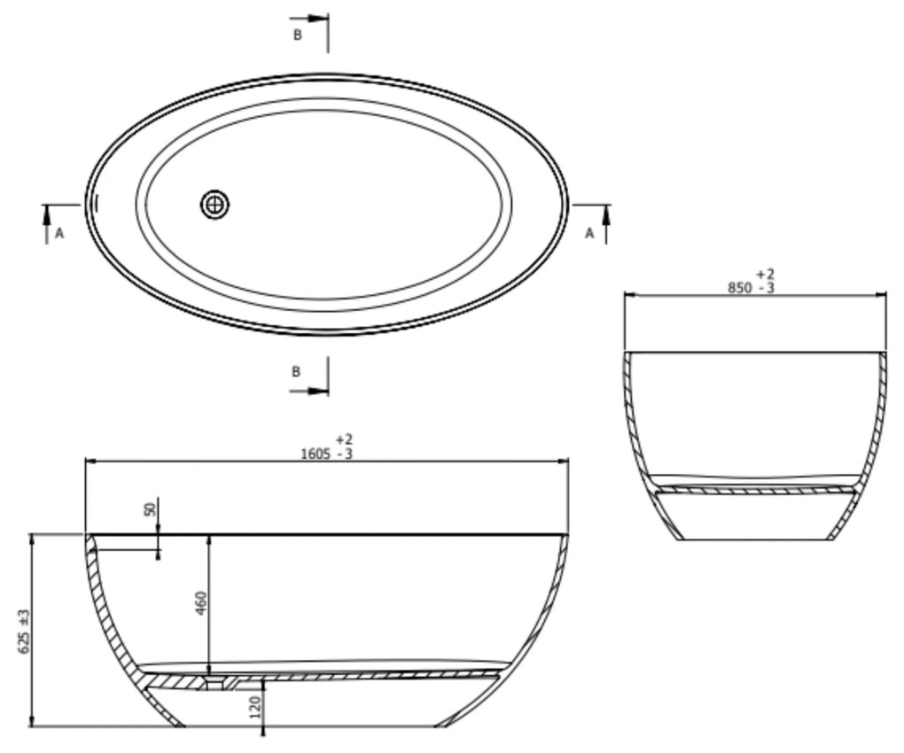 Wanna wolnostojąca owalna beżowa błyszcząca z konglomeratu 160 x 85 cm KALMI BEIGE GLOW z przelewem SLIM cienki rant