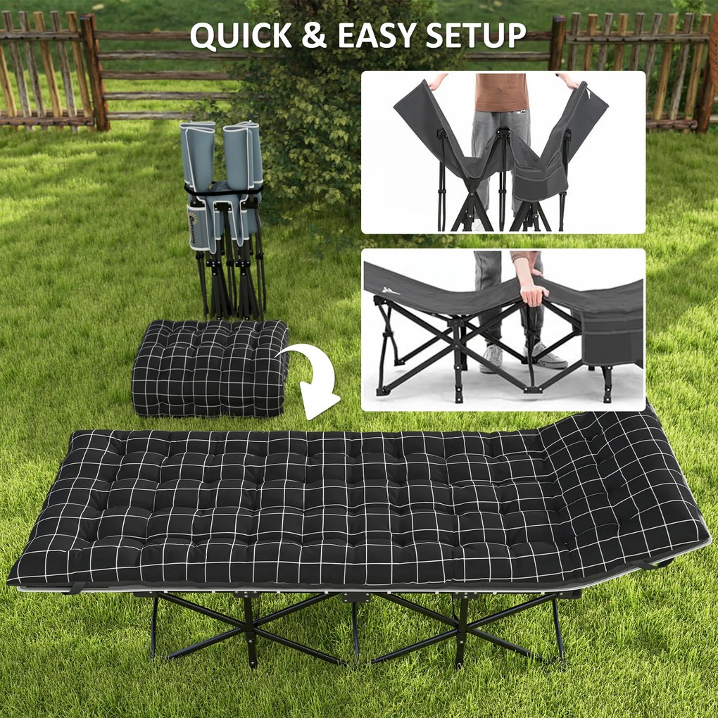 Outsunny Składane łóżko campingowe, z materacem, ergonomiczne, metalowy stelaż, Czarne