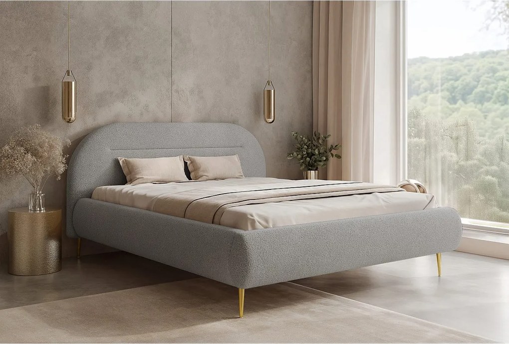 BESILIO Nowoczesne łóżko z pojemnikiem 140x200 Apolline II - łóżko zaokrąglone wezgłowie, miękka tkanina pluszowa, łóżko na wysokich nogach- Jasnoszary
