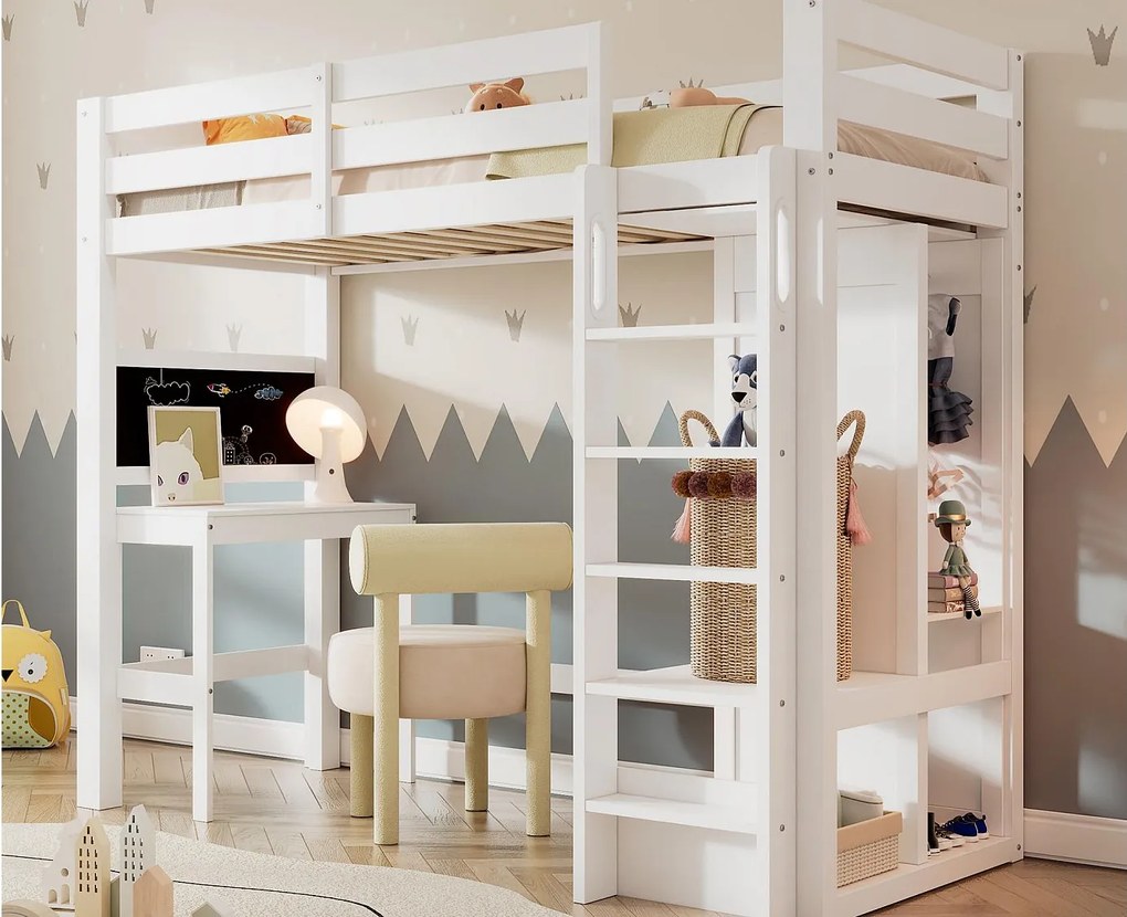 Łóżko na antresoli 90x200 cm - z biurkiem, otwartą szafą i półkami - Biały​ (materac nie jest wliczony w cenę)