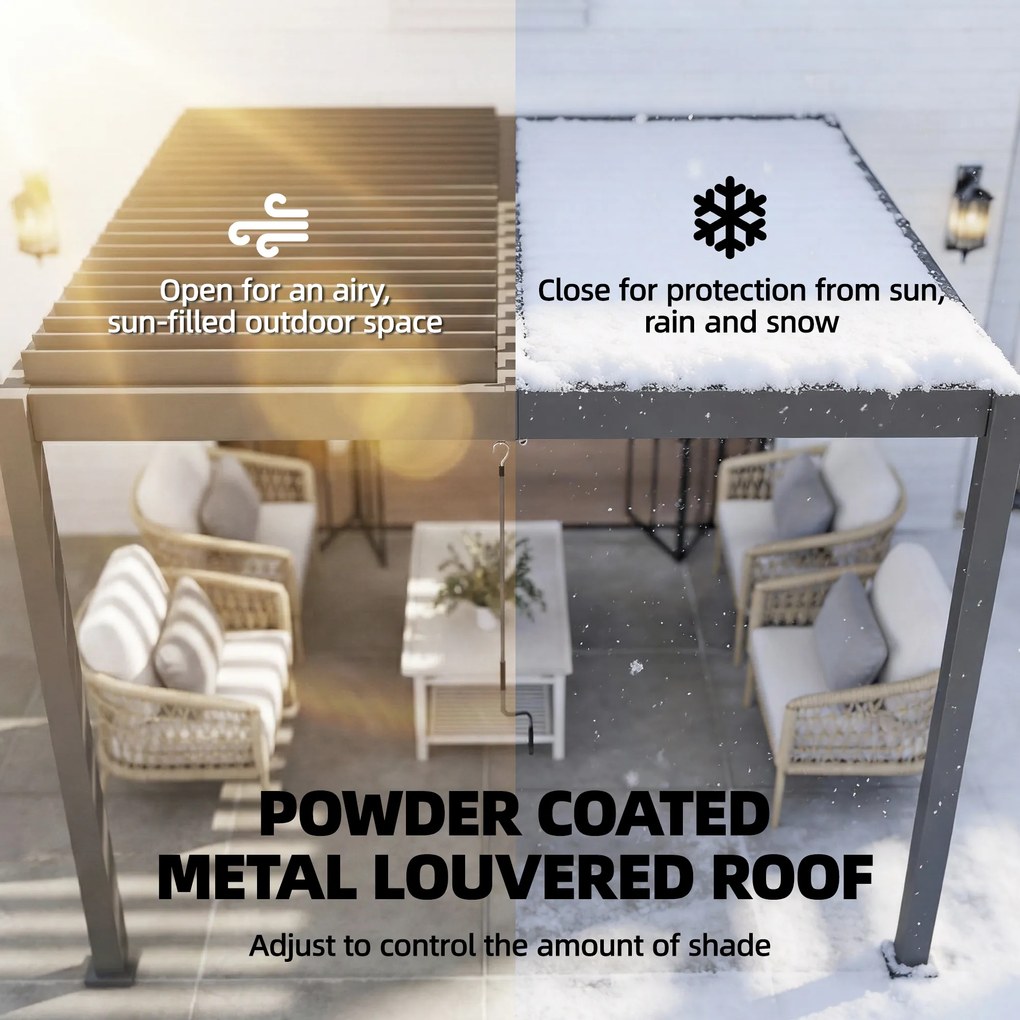 Outsunny Pergola ok. 3x3 m aluminiowa zadaszenie tarasu z regulowanym dachem lamelowym montaż na ścianie ciemnoszara | Aosom PL