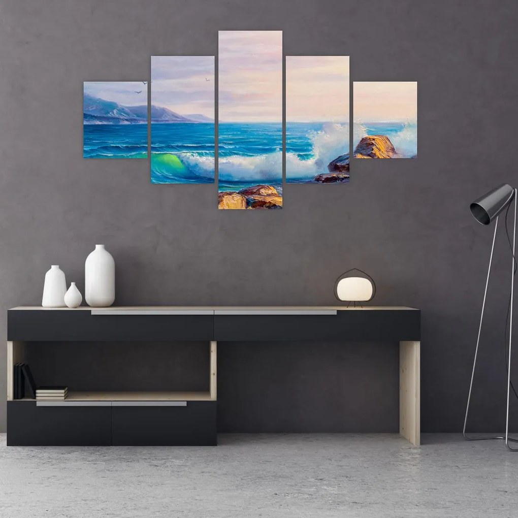 Obraz fal uderzających w klify, obraz olejny (125x70 cm)
