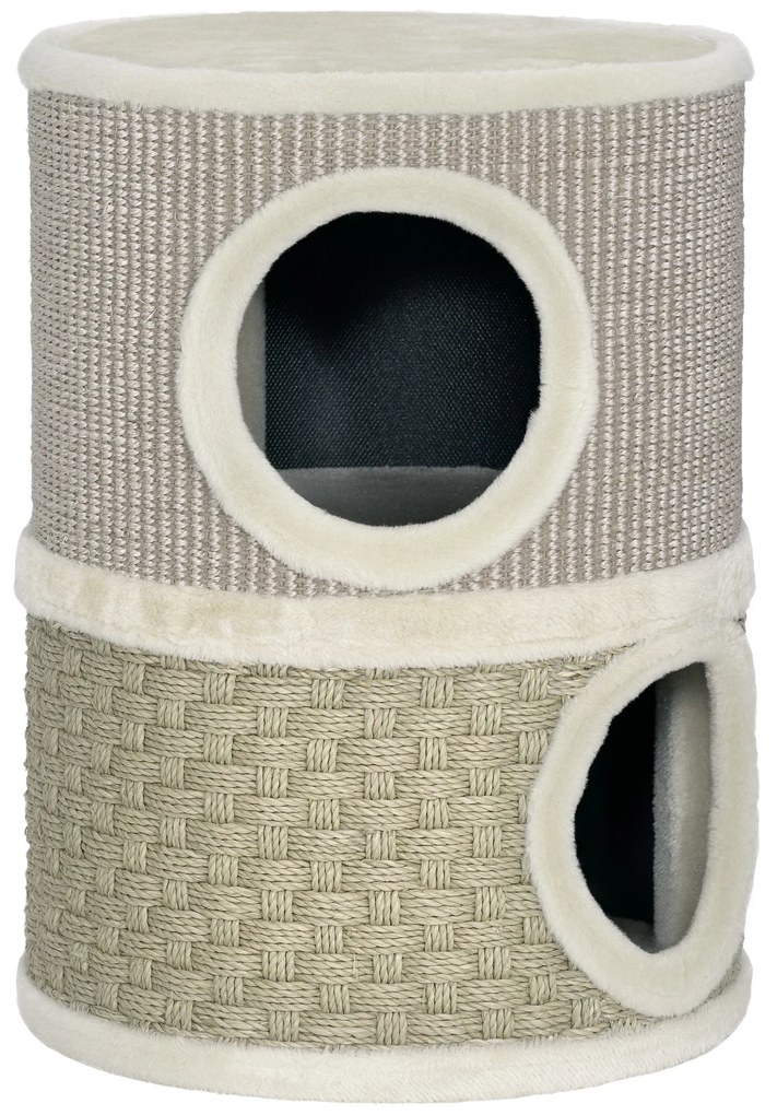 PawHut Beczka do drapania, wysokość 49 cm, Ø35,5 cm dwupoziomowa beczka z obszyciem z pluszu mata do drapania, 2 kryjówki Khaki+Kawowy