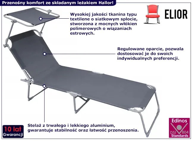 Leżak z regulowanym oparciem i daszkiem szary - Hallor