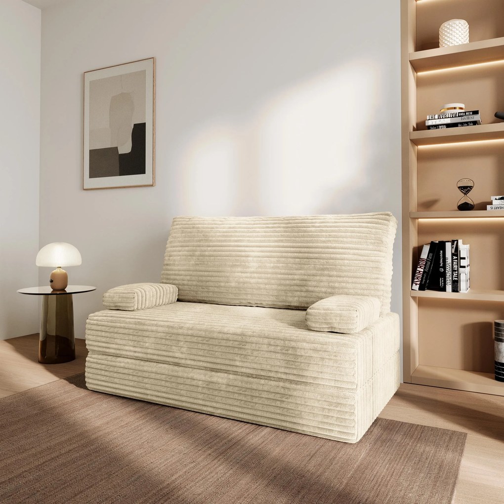 Masseno Sofa piankowa LADIA z funkcją spania, Kanapa z pianki do salonu, Bezmontażowa, Tkanina sztruksowa – Kremowy TILIA 03