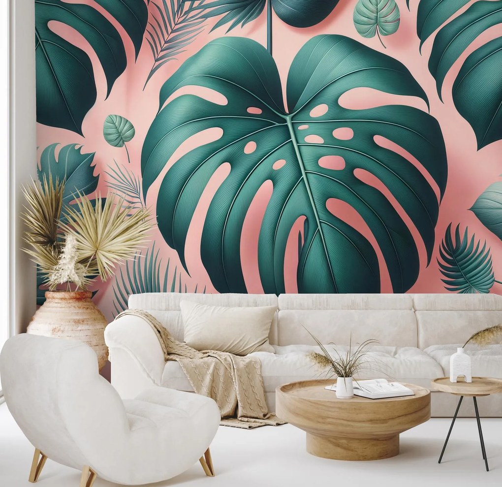 Fototapeta - Monstera na różowym tle (196x136 cm)