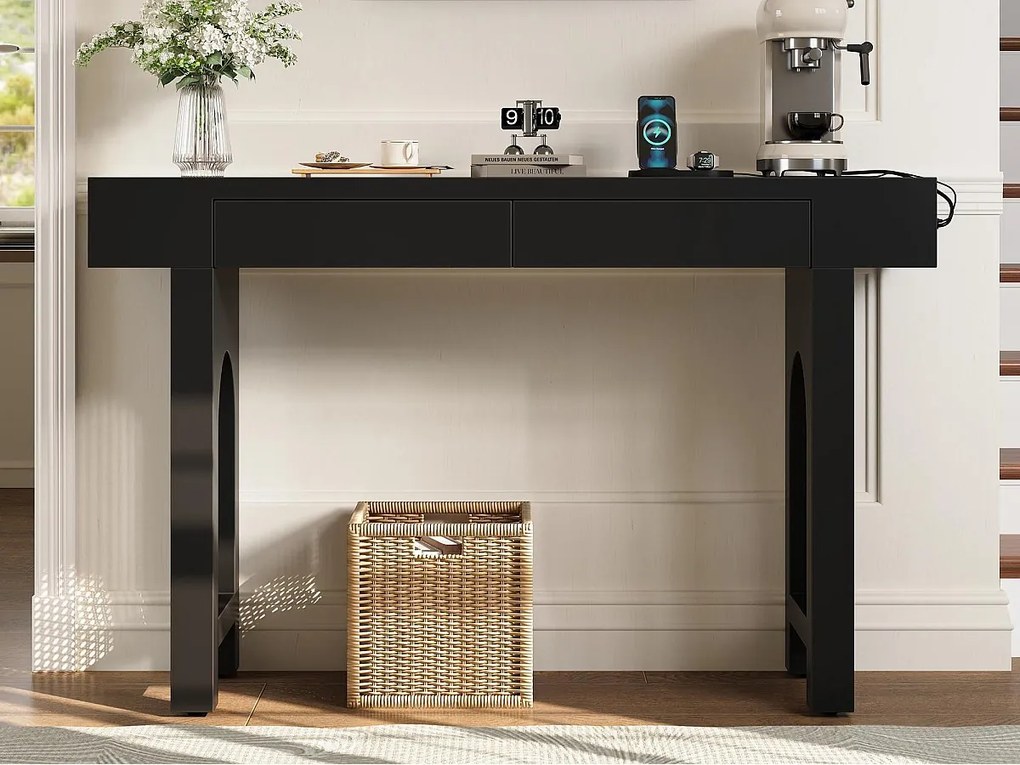 Stół konsolowy 120x35,5x76,5cm - z 2 szufladami - z gniazdkiem elektrycznym - MDF - Czarny