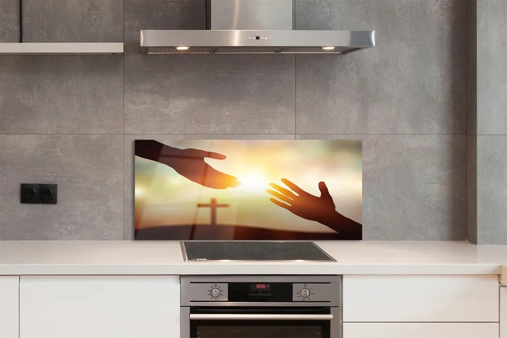 Szkło do Kuchni na Ścianę Modlitewne Ręce pod Krzyżem