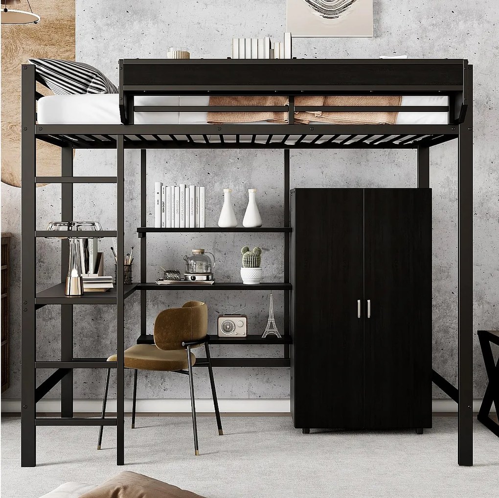 Łóżko antresola 90 x 200 cm z biurkiem, szafą i półkami do przechowywania - Żelazo + płyta wiórowa - dla dzieci - Czarne