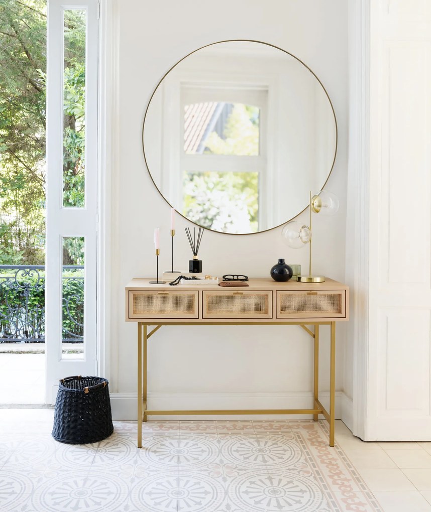 Wąska konsola boho RAYO z 3 szufladami i plecionką wiedeńską