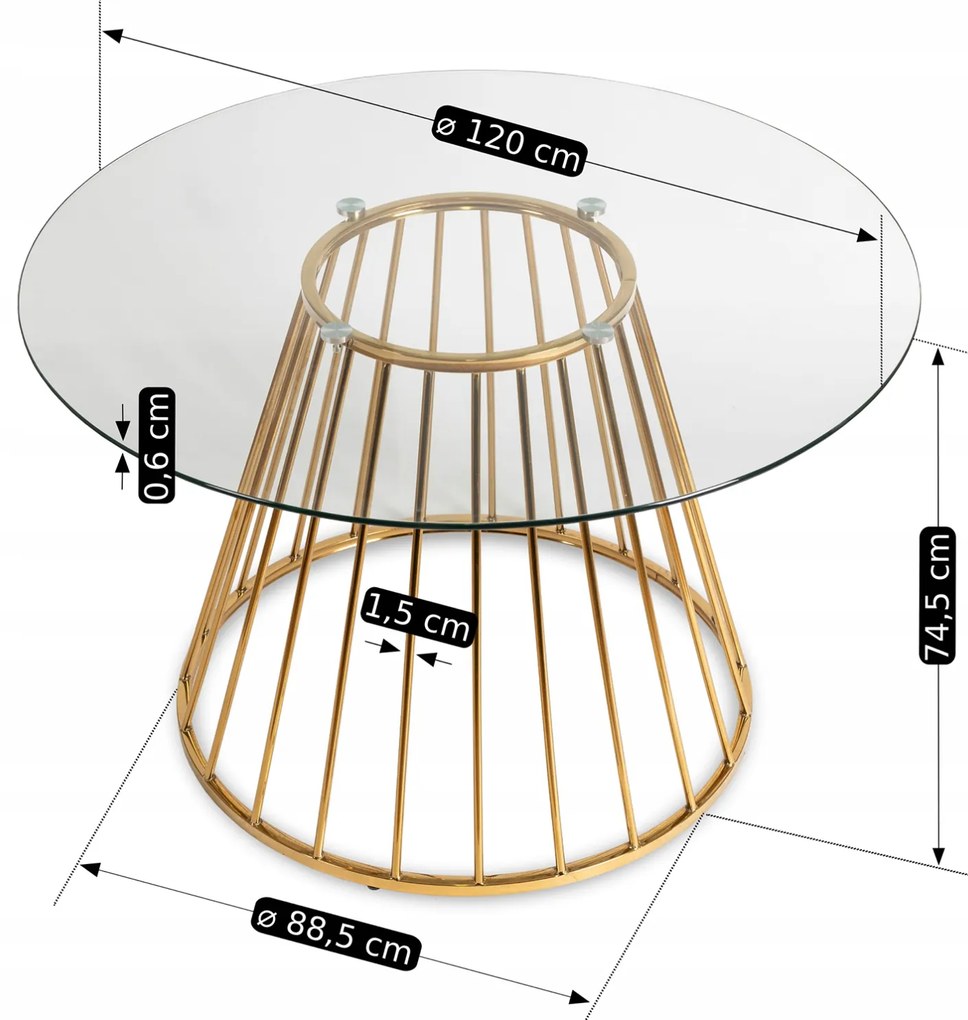 Stół Okrągły Szklany OLIVIER 120 cm ze Złotymi Nogami Nowoczesny do Salonu Glamour