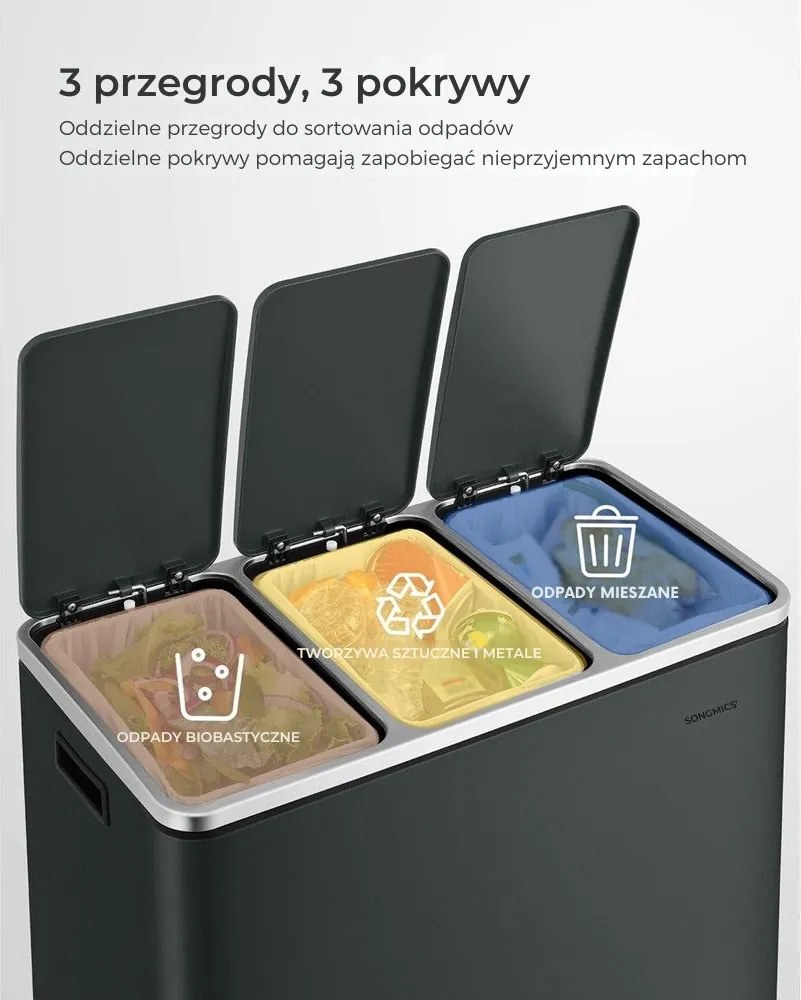 Kosz do segregacji odpadów SORT 54 l (3×18 l), antracyt SongmicsHome