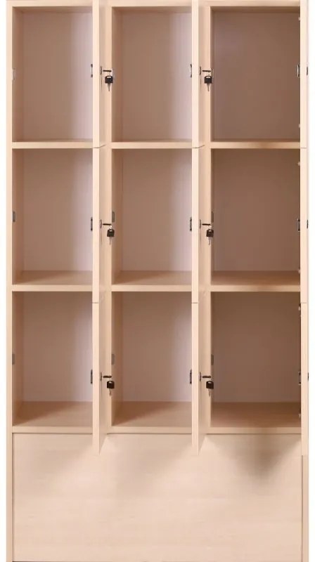 Drewniana szafka skrytkowa, 9 schowków, 1700 x 900 x 420 mm, zamek cylindryczny, orzech