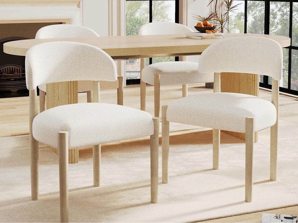 Zestaw 4 krzeseł z litego drewna - Styl nowoczesny - Konstrukcja z litego drewna - Tkanina bouclé - Kolor naturalny