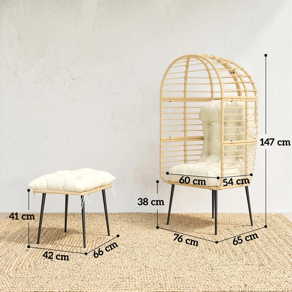 Outsunny Fotel ogrodowy z podnóżkiem, PE-rattan, w kształcie jajka, fotel koszowy z grubymi poduszkami, metalowa rama, beżowy | Aosom PL