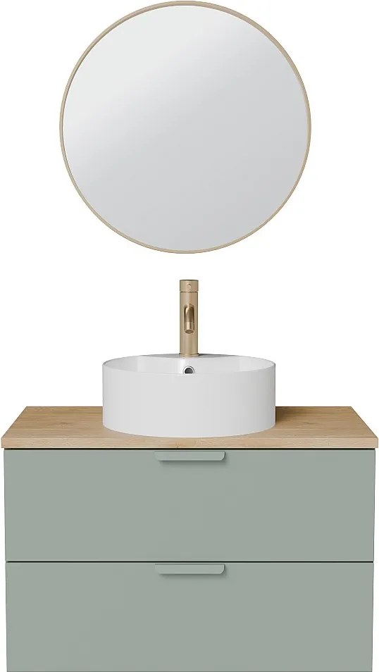 Wisząca szafka łazienkowa z okrągłą umywalką nablatową, baterią i lustrem – Szałwiowa zieleń – S80 cm – AVORELI