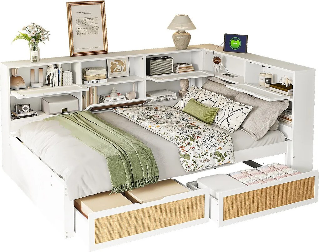 Łóżko-sofa z litego drewna 140x200cm - z 2 szufladami - z wieloma przegrodami do przechowywania - z portem ładowania - białe (bez materaca)