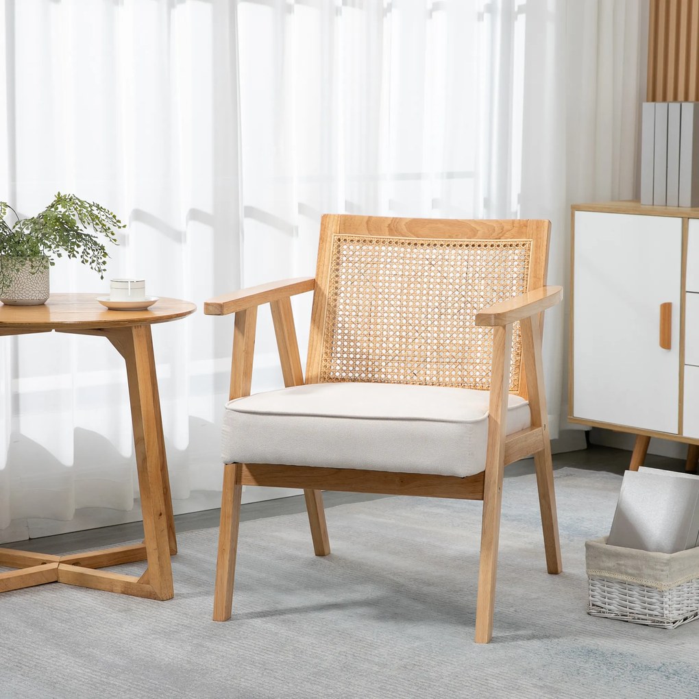 HOMCOM Fotel tapicerowany kremowy drewno kauczukowe poduszka len wygodny fotel do salonu sypialni 63x69x78 cm | Aosom PL