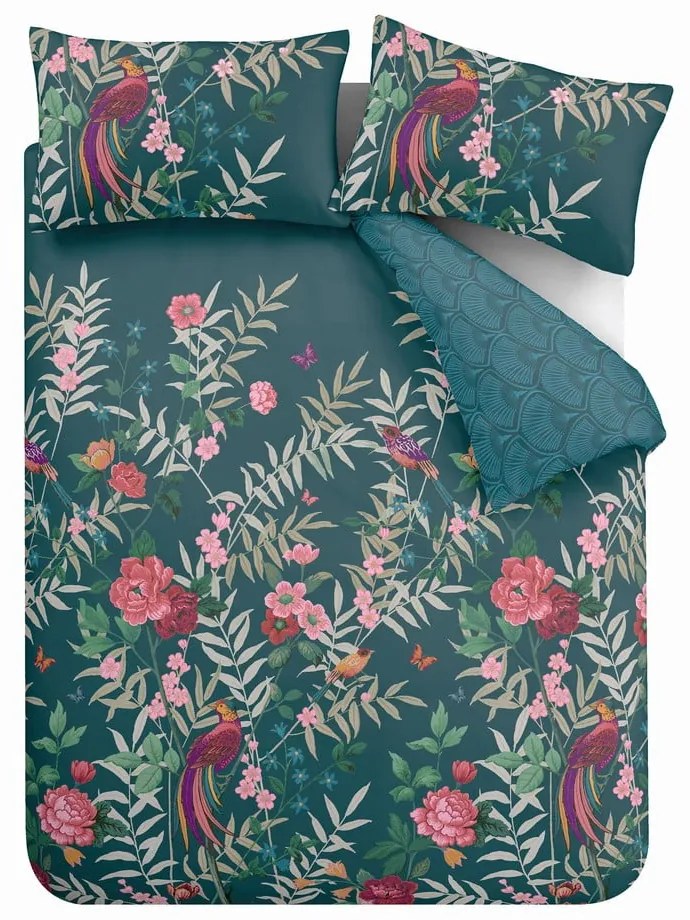 Ciemnozielona pościel dwuosobowa 230x220 cm Tropical Floral Birds – Catherine Lansfield