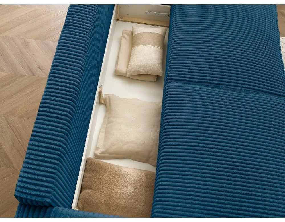 Niebieska sztruksowa rozkładana/ze schowkiem sofa 244 cm Chelsea – Bobochic Paris