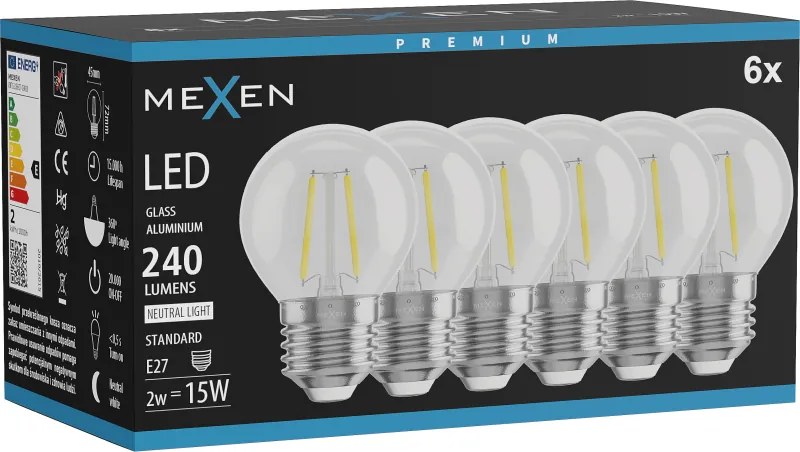 Mexen Vintis 6x żarówka filament LED E27, G45, 2W, Neutralna - 4000K, 240 lm, clear - L156-E14-0227-00x06