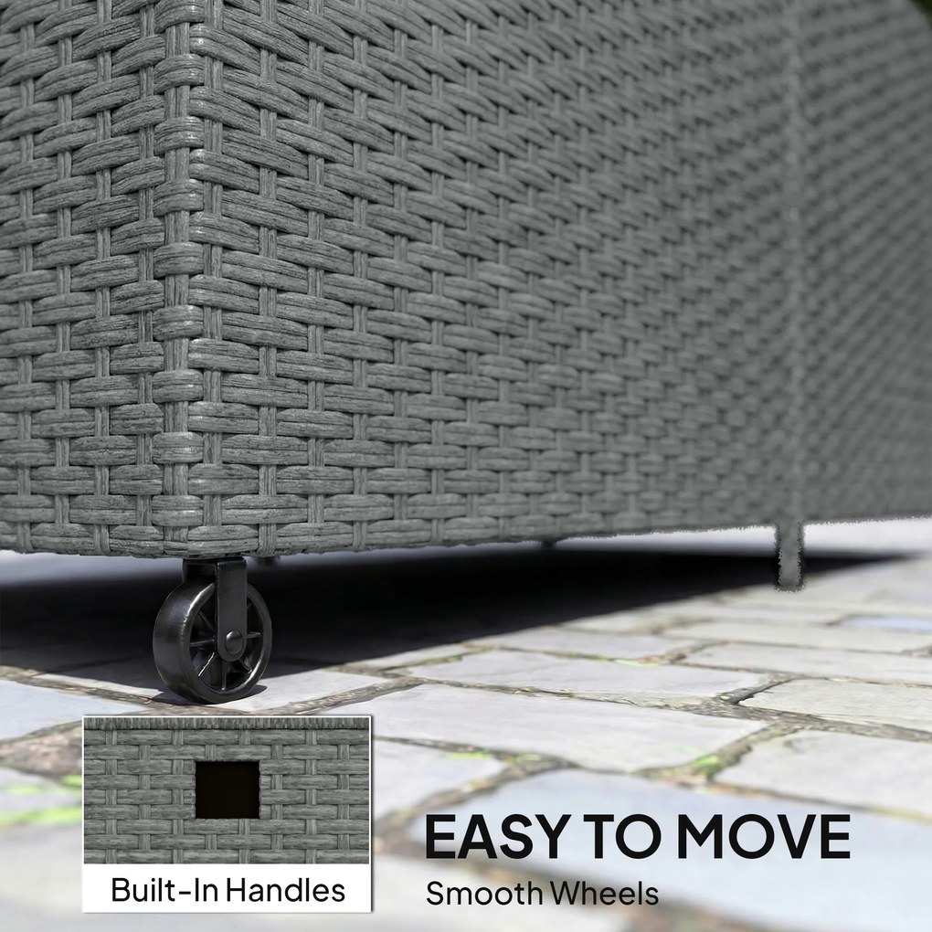 Outsunny Rattanowa skrzynia ogrodowa 650L wodoodporna, UV odporna, ze schowkiem, kółkami i pokrywą, 150 x 75 x 74 cm, ciemnoszara | Aosom PL