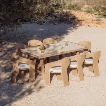 Zestaw Stołu Prostokątnego 200x100 Cm Z Drewna Akacjowego I Płytek Dubai Oraz 8 Krzeseł Ogrodowych Z Rattanu Syntetycznego Omare Kremowa Tapioca -