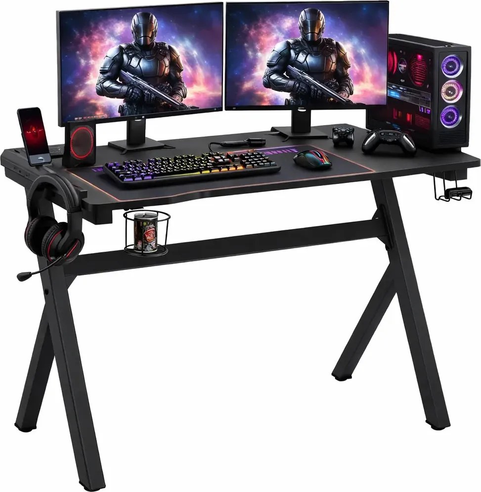 Czarne biurko gamingowe z podświetleniem LED C0-N68