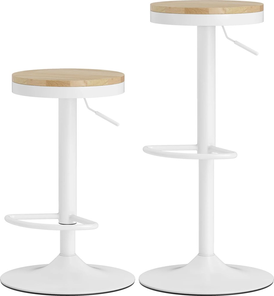 HOMCOM Stołki barowe 2 szt., regulowane, obrotowe 360° z ramą stalową i podnóżkiem 38,5x38,5x60-80 cm Drewno naturalne+Biały | Aosom PL