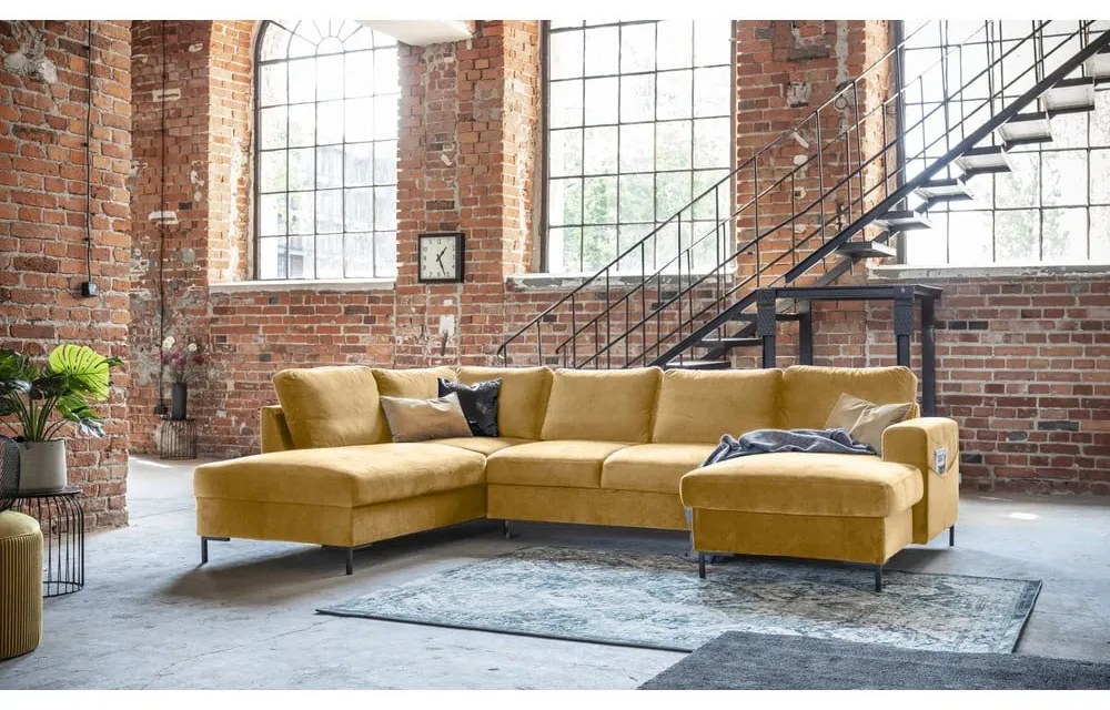 Musztardowożółta aksamitna rozkładana sofa w kształcie litery "U" Miuform Lofty Lilly, lewostronna