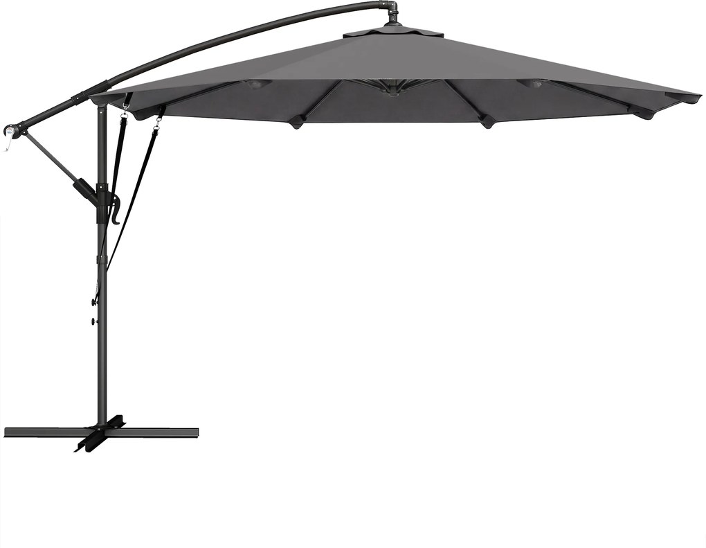 Outsunny Parasol boczny Ø300 cm regulowany z korbą, linkami wiatrowymi i pokrowcem, ciemnoszary | Aosom PL