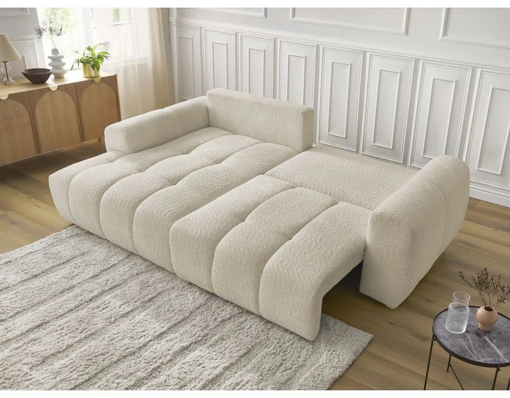 Beżowy rozkładany narożnik z materiału bouclé ze schowkiem (lewostronny/z szezlongiem) Roxelane – Bobochic Paris